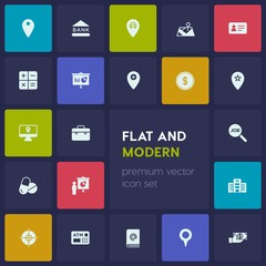 Modern Simple Set of business, health, location Vector fill Icons. Contains such Icons as  document,  building, money,  pay, passport, mail and more on dark background. Fully Editable. Pixel Perfect