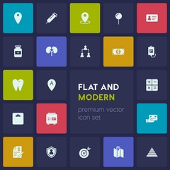 Modern Simple Set of business, health, location Vector fill Icons. Contains such Icons as location,  account,  pyramid,  id,  anatomy,  card and more on dark background. Fully Editable. Pixel Perfect