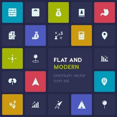 Modern Simple Set of business, health, location Vector fill Icons. Contains such Icons as  transportation,  growth,  balance, weight,  tent and more on dark background. Fully Editable. Pixel Perfect