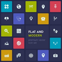 Modern Simple Set of business, health, location Vector fill Icons. Contains such Icons as  earth,  planet,  sign, location,  financial,  bed and more on dark background. Fully Editable. Pixel Perfect