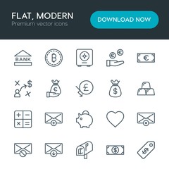 Modern Simple Set of business, money, email Vector outline Icons. Contains such Icons as  email, exit, sale,  tag,  mailbox,  money,  mail and more on white background. Fully Editable. Pixel Perfect