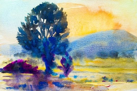Watercolor painting  landscape colorful of trees meadow field in mountain