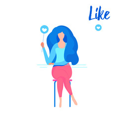 Social network and social media marketing concept.Girl like and  thinking about social media technology communication isolated vector illustration.