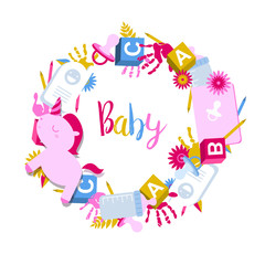 Round, circle frame with kids toys, handprints, baby pacifier and text baby