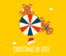 Christmas in July vector illustration: Summer beach parasols, gingerbread men, santa hat and text Christmas in July.