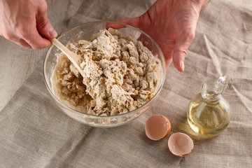 preparation of dough for flat bread. dough kneading for flat pancakes