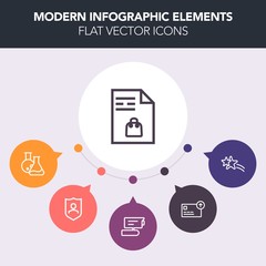 Modern, simple, colorful vector infographic background with medicine, equipment, holiday, currency, notebook, video, safety, star, technology, list, food, record, dental, shiny, security, cash icons