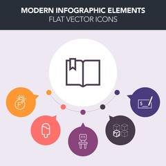 Modern, simple, colorful vector infographic background with scale, chair, business, interior, thermometer, summer, pay, library, check, weather, money, click, education, degree, fahrenheit, ice icons