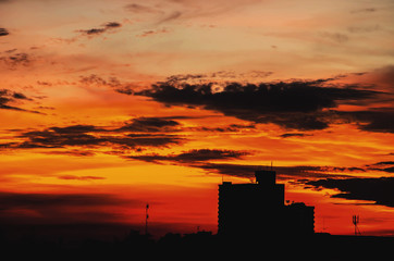 Silhouette building of Bangkok during sunset were seen along the Chao Phraya river side,Bangkok,Thailand.