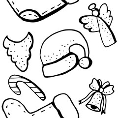 Christmas doodle pattern. Black and white monochrome.