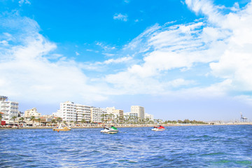 Fototapeta premium Beautiful view of the main street of Larnaca and Phinikoudes beach in Cyprus