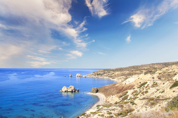 Beautiful view of the birthplace of Aphrodite in Cyprus. Petra tu Romiou, Stone of Aphrodite