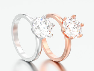 3D illustration two silver and rose gold traditional solitaire engagement diamond rings