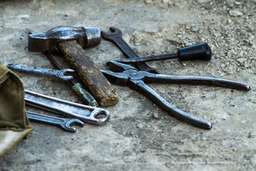 Mechanic tools. Authentic tools. Set of different garage tools.