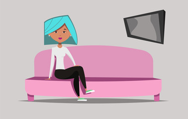 Woman watching TV.Cartoon girl.Vector illustration.