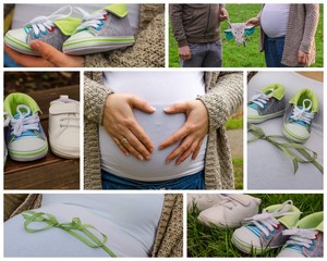 Collage of a pregnancy - Schwangerschafts-Collage - Pregnant woman with baby shoes - Schwangere Frau - Babybauch - Kinderschuhe 