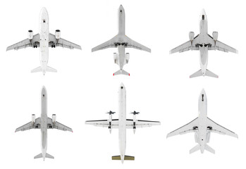 Set of six different white airplanes, bottom view, isolated on white background.