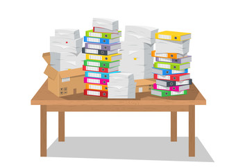 Vector illustration. Pile of paper documents and file folders on white background.