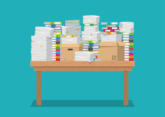 Vector illustration. Lot of paper work. Folders and files on the office desk. Flat design.