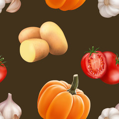 Seamless pattern with vegetables. Vegeterian food. Tomato, pumpkin, cabbage, potatoes onion broccoli carrot pepper and garlic. 3d realism vector illustration.