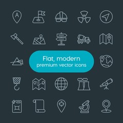 Modern Simple Set of industry, science, location Vector outline Icons. Contains such Icons as  biology,  work,  marker,  nuclear, flag,  pin and more on dark background. Fully Editable. Pixel Perfect.