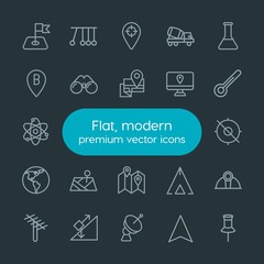 Modern Simple Set of industry, science, location Vector outline Icons. Contains such Icons as  information,  dish,  target,  adventure,  map and more on dark background. Fully Editable. Pixel Perfect.
