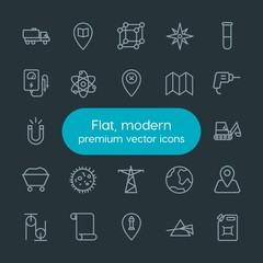 Modern Simple Set of industry, science, location Vector outline Icons. Contains such Icons as  pointer,  light, molecule,  tank,  can, prism and more on dark background. Fully Editable. Pixel Perfect.