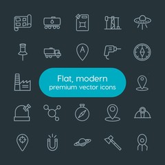 Modern Simple Set of industry, science, location Vector outline Icons. Contains such Icons as  can,  travel,  pointer, location, helmet, gas and more on dark background. Fully Editable. Pixel Perfect.