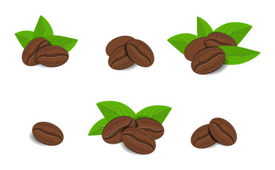  Vector illustration. Fresh roasted coffee beans with leaves.
