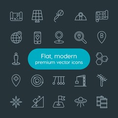 Modern Simple Set of industry, science, location Vector outline Icons. Contains such Icons as  inclined,  technology,  worker, map,  ecology and more on dark background. Fully Editable. Pixel Perfect.