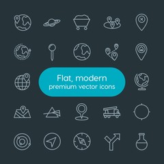 Modern Simple Set of industry, science, location Vector outline Icons. Contains such Icons as  marketing, travel,  experiment, target, earth and more on dark background. Fully Editable. Pixel Perfect.