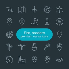 Modern Simple Set of industry, science, location Vector outline Icons. Contains such Icons as  worker,  business, map, energy,  renewable and more on dark background. Fully Editable. Pixel Perfect.