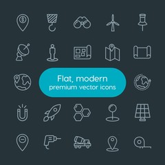 Modern Simple Set of industry, science, location Vector outline Icons. Contains such Icons as  bank, location,  measure, energy,  turbine and more on dark background. Fully Editable. Pixel Perfect.