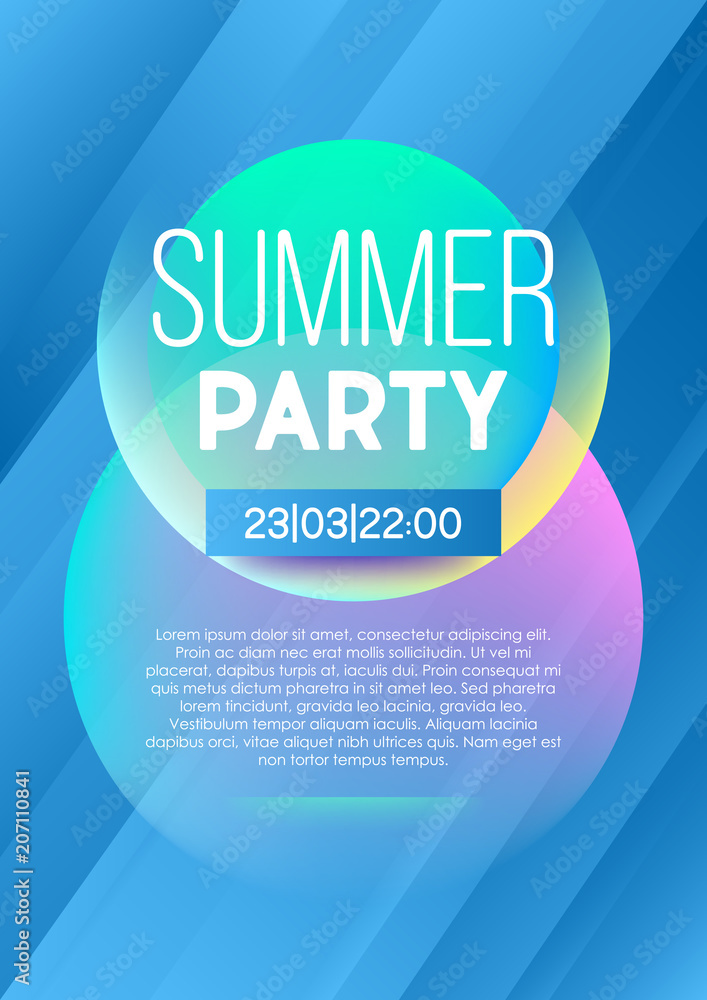 Poster vertical blue pool party background with graphic elements and text.