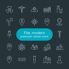 Modern Simple Set of industry, science, location Vector outline Icons. Contains such Icons as  vintage,  industrial,  tool, chemistry,  sign and more on dark background. Fully Editable. Pixel Perfect.