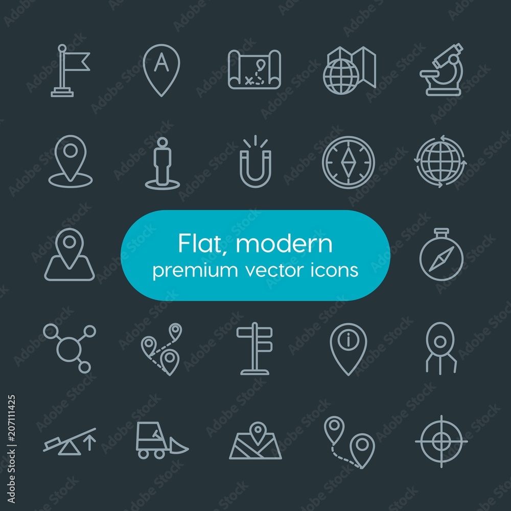 Poster modern simple set of industry, science, location vector outline icons. contains such icons as goal, 