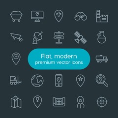 Modern Simple Set of industry, science, location Vector outline Icons. Contains such Icons as factory,  star,  post,  view,  simple,  look and more on dark background. Fully Editable. Pixel Perfect.