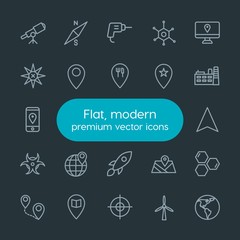 Modern Simple Set of industry, science, location Vector outline Icons. Contains such Icons as  turbine,  goal,  globe,  travel, direction and more on dark background. Fully Editable. Pixel Perfect.