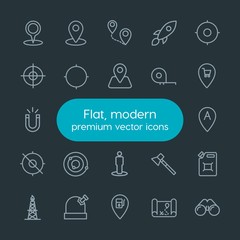 Modern Simple Set of industry, science, location Vector outline Icons. Contains such Icons as  hammer, location,  night, industrial,  ruler and more on dark background. Fully Editable. Pixel Perfect.