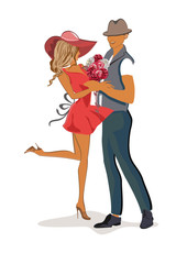 Romantic couple a woman in a red hat and a man, hugging. Vector illustration.