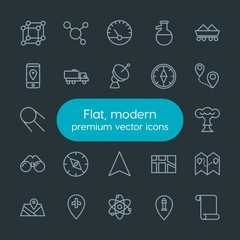 Modern Simple Set of industry, science, location Vector outline Icons. Contains such Icons as  chemistry,  instrument,  structure,  city and more on dark background. Fully Editable. Pixel Perfect.