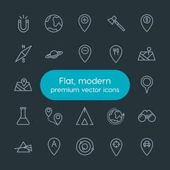 Modern Simple Set of industry, science, location Vector outline Icons. Contains such Icons as  add, location, travel, space,  construction and more on dark background. Fully Editable. Pixel Perfect.