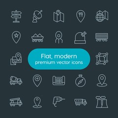 Modern Simple Set of industry, science, location Vector outline Icons. Contains such Icons as  equipment, compass, direction,  travel, drill and more on dark background. Fully Editable. Pixel Perfect.