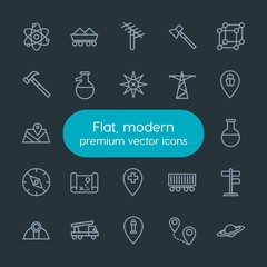Modern Simple Set of industry, science, location Vector outline Icons. Contains such Icons as  science,  molecular,  way,  industry,  truck and more on dark background. Fully Editable. Pixel Perfect.