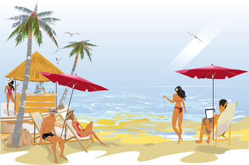 Series of relax summer backgrounds with fashion people, resort building views and seacoast. Hand drawn vector illustration. 