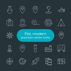 Modern Simple Set of industry, science, location Vector outline Icons. Contains such Icons as  marketing,  map,  gas,  experiment,  car, oil and more on dark background. Fully Editable. Pixel Perfect.