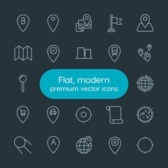 Modern Simple Set of industry, science, location Vector outline Icons. Contains such Icons as location,  pointer,  goal,  cosmos,  gps,  map and more on dark background. Fully Editable. Pixel Perfect.