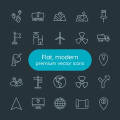 Modern Simple Set of industry, science, location Vector outline Icons. Contains such Icons as  tank,  hazard,  location,  oil,  information and more on dark background. Fully Editable. Pixel Perfect.