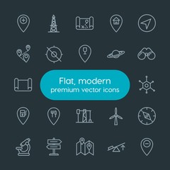 Modern Simple Set of industry, science, location Vector outline Icons. Contains such Icons as  renewable,  travel, home,  east,  laboratory and more on dark background. Fully Editable. Pixel Perfect.