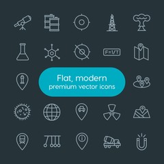 Modern Simple Set of industry, science, location Vector outline Icons. Contains such Icons as  concrete,  power,  oil, fuel,  industry,  rig and more on dark background. Fully Editable. Pixel Perfect.